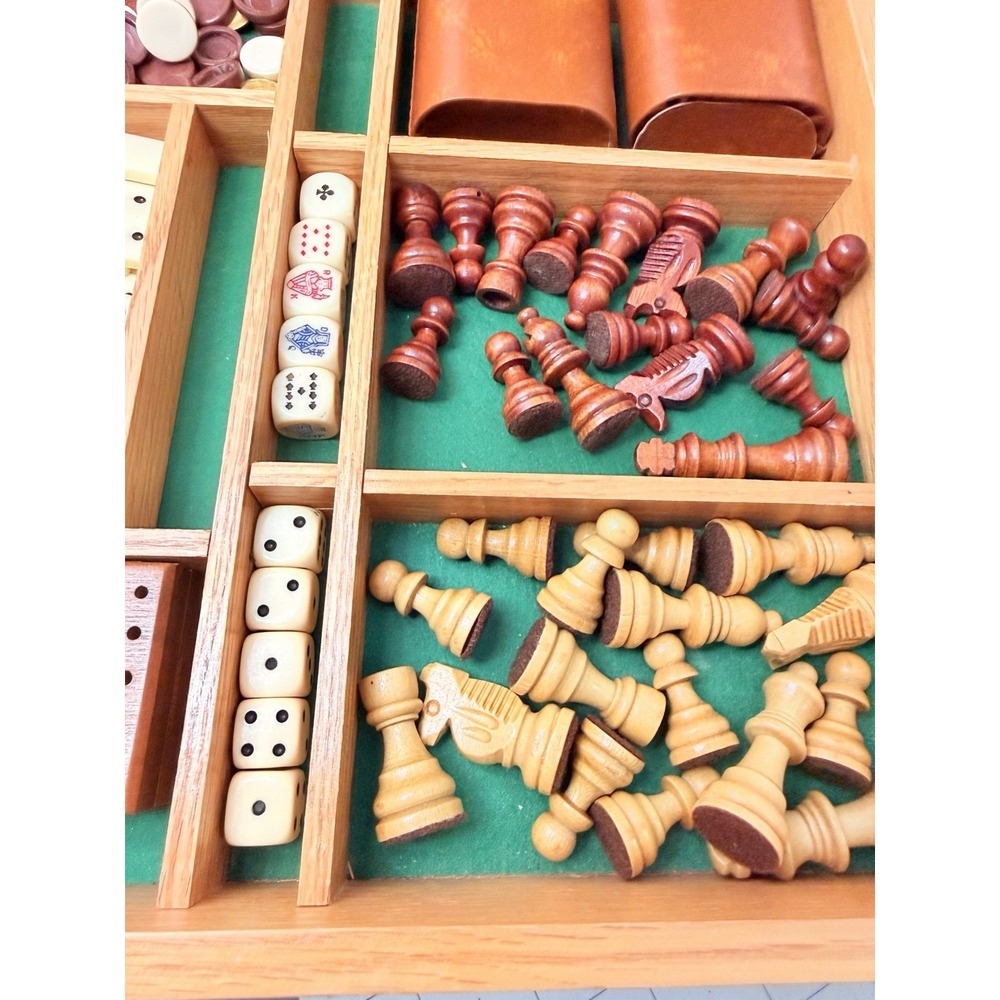 Vintage Wooden 5-in-1 Combo Game Set Chess Backgammon Cribbage Dominoes Checkers - Picture 11 of 12